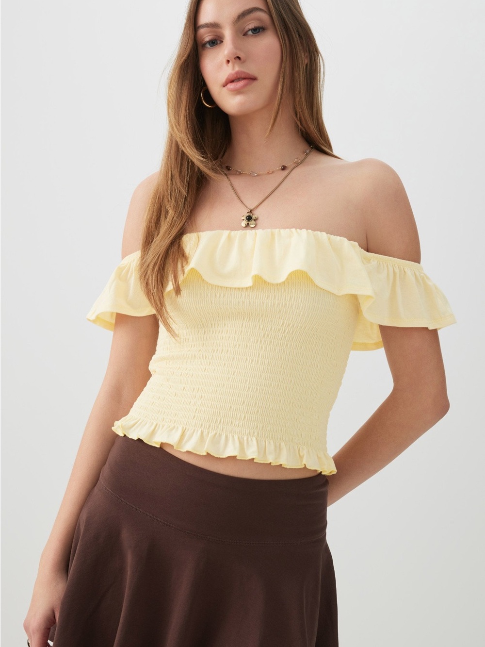 Ardene Yellow Off-Shoulder Smocked Ruffle Crop Top